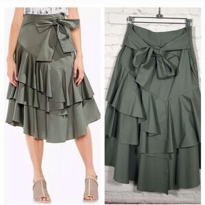 Vince Camuto Green Tiered Ruffle Belted Poplin Midi A Line Skirt Womens Size 2